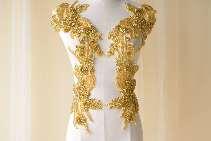 Funkelnde Gold Mieder Strass Applikation Schwere Perlen Motiv Diamante Spitze Patch Nähen Auf Braut Hochzeit Ball Kleid von FeatherCraft20