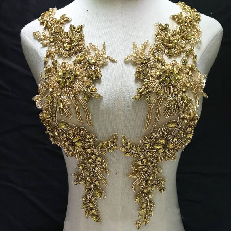 Funkelnde Gold Mieder Strass Applikation Schwere Perlen Motiv Diamante Spitze Patch Nähen Auf Braut Hochzeit Ballkleid Kleid von FeatherCraft20