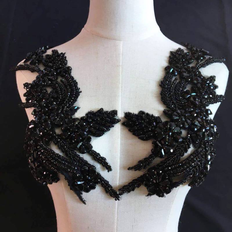 Funkelndes Schwarzes Mieder Strass Applikation Schwere Perlen Motiv Diamante Spitze Aufnäher Nähen Auf Brauthochzeit Ballkleid Kleid 1 Paar von FeatherCraft20