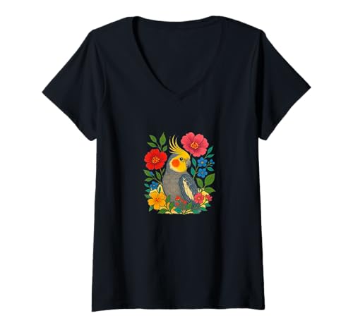 Damen Nymphensittich mit Wildblumen, niedlich, von der Natur inspirierte Vogel T-Shirt mit V-Ausschnitt von Feathered Bloom Emporium