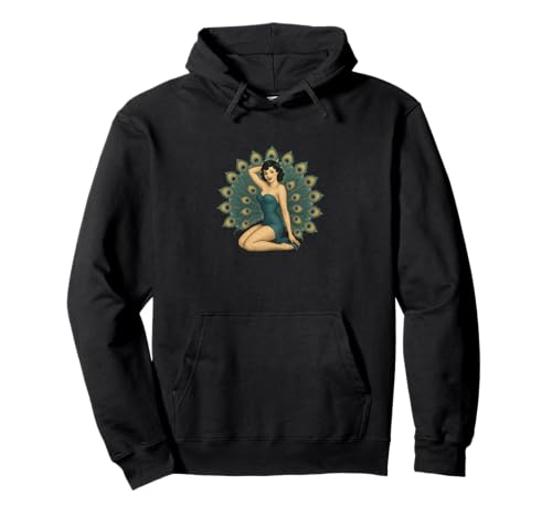 Retro Pinup Pfau Girl Design Cute Sexy Cheesecake Style Pullover Hoodie von Feathered Flirt and Vintage Charms