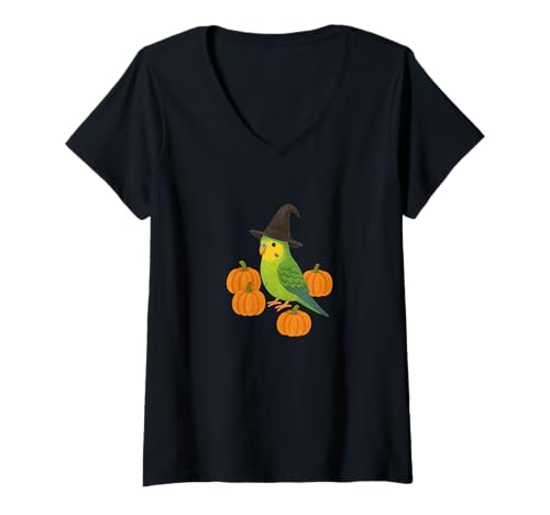 Damen Halloween Sittich Hexe mit Kürbissen Gruselige Herbstzauber T-Shirt mit V-Ausschnitt Damen Halloween Sittich Hexe mit Kürbissen Gruselige Herbstzauber T-Shirt mit V-Ausschnitt von Feathered Moonlight Arts