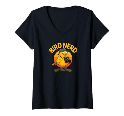 Damen Bird Nerd Birder Sonnenuntergang Wandern Fernglas Outdoor Humor T-Shirt mit V-Ausschnitt Damen Bird Nerd Birder Sonnenuntergang Wandern Fernglas Outdoor Humor T-Shirt mit V-Ausschnitt von Feathered Trail Co.
