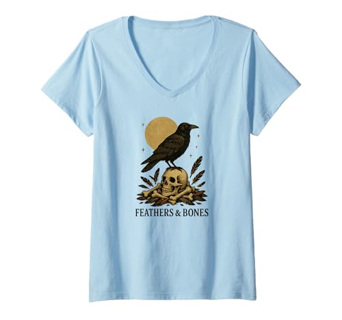 Damen Federn und Knochen, Gothic-Krahen-Design T-Shirt mit V-Ausschnitt Damen Federn und Knochen, Gothic-Krahen-Design T-Shirt mit V-Ausschnitt von Feathers and Bones Crow Art