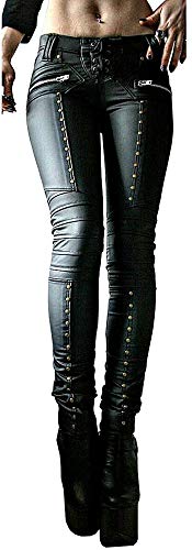 Damen-Leggings aus Kunstleder, Gothic-/Punk-/Skinny-Hose, aus PU-Leder, mittelhoch, mit Nieten besetzt, enge Hose, schwarz, Klein von Febriajuce