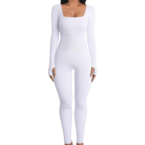 Damen Yoga-Jumpsuits,Yoga-Jumpsuits für Damen - Figurbetonter Jumpsuit mit langen Ärmeln und quadratischem Ausschnitt,Ganzkörper-Bodys für Damen, Langarm-Body Fecfucy von Fecfucy