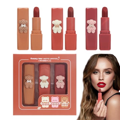 Matter Lipgloss - Nicht klebender Lippenstift mit niedlichem Bären-Design - 3-teiliges, langlebiges Lipgloss-Set, pigmentiertes Lippen-Make-up, Geschenk für Frauen Fecfucy von Fecfucy