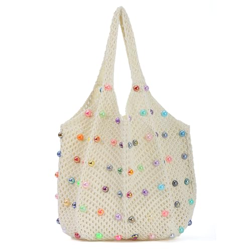 Fecialy Boho Häkeln Strand Tote Bag mit farbigen Perlen Sommer Strick Umhängetasche Gewebte Casual Organizer Handtasche von Fecialy
