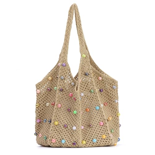 Fecialy Boho Häkeln Strand Tote Bag mit farbigen Perlen Sommer Strick Umhängetasche Gewebte Casual Organizer Handtasche Fecialy Boho Häkeln Strand Tote Bag mit farbigen Perlen Sommer Strick Umhängetasche Gewebte Casual Organizer Handtasche von Fecialy