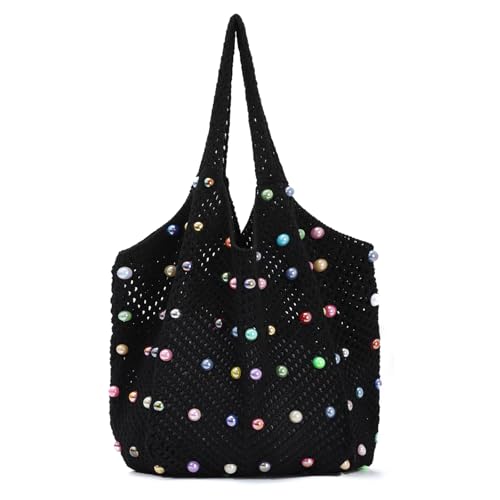 Fecialy Boho Häkeln Strand Tote Bag mit farbigen Perlen Sommer Strick Umhängetasche Gewebte Casual Organizer Handtasche von Fecialy