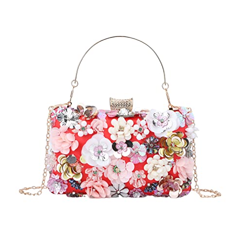 Fecialy Damen Floral Abendhandtaschen Bunte Strass Clutch Geldbörsen Floral Braut Hochzeit Handtasche Kette Umhängetasche, Rot/Ausflug, einfarbig (Getaway Solids), Small von Fecialy