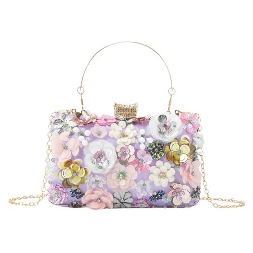 Fecialy Damen Floral Abendhandtaschen Bunte Strass Clutch Geldbörsen Floral Braut Hochzeit Handtasche Kette Umhängetasche, Violett von Fecialy