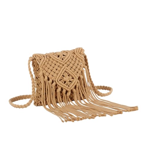 Fecialy Damen Sommer Strand Stroh Tasche Baumwolle gehäkelte Umhängetasche Umschlag Quaste Tasche mit Reißverschluss Umhängetasche,Khaki von Fecialy