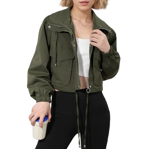 Fecialy Damen beschnittene Jacke Leichtgewicht Reißverschluss Kurze Jacke Oversized Utility Anorak Mantel mit Taschen von Fecialy