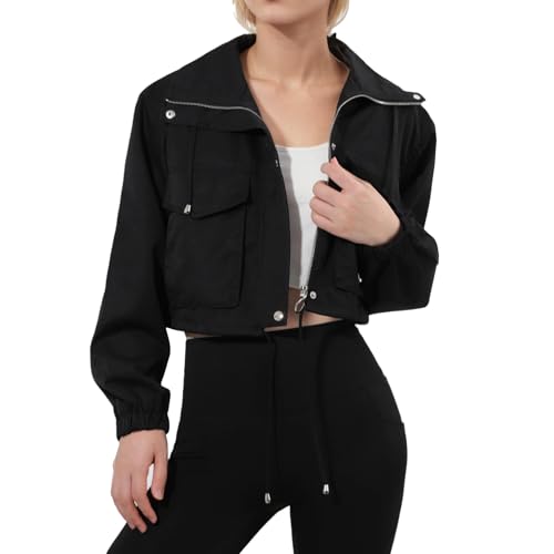 Fecialy Damen beschnittene Jacke Leichtgewicht Reißverschluss Kurze Jacke Oversized Utility Anorak Mantel mit Taschen von Fecialy
