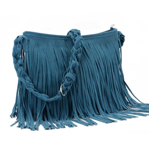 Fecialy Faux Suede Fransen Umhängetaschen für Damen Western Hippie Umhängetasche Messenger Bag Sling Bag,Blau von Fecialy