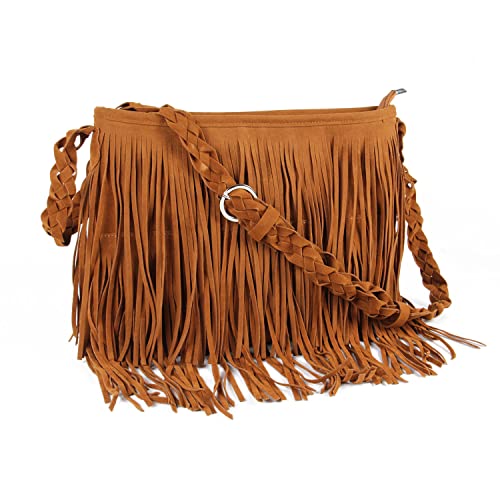 Fecialy Faux Suede Fransen Umhängetaschen für Damen Western Hippie Umhängetasche Messenger Bag Sling Bag,Braun von Fecialy