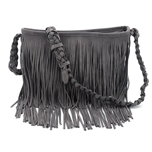 Fecialy Faux Suede Fransen Umhängetaschen für Damen Western Hippie Umhängetasche Messenger Bag Sling Bag,Grau von Fecialy