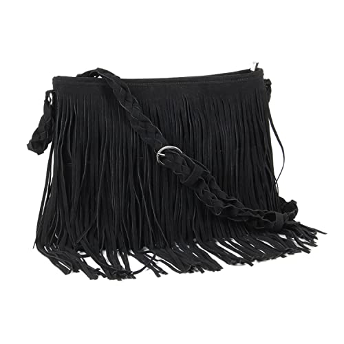 Fecialy Faux Suede Fransen Umhängetaschen für Damen Western Hippie Umhängetasche Messenger Bag Sling Bag,Schwarz von Fecialy