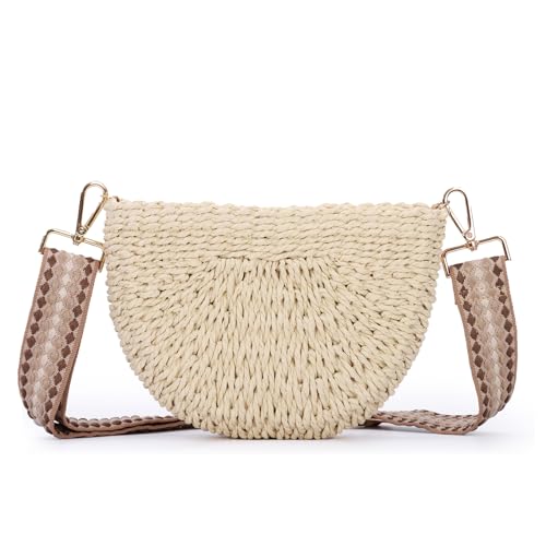 Fecialy Handgemachte Stroh Crossbody Tasche für Frauen Halbkreis Gewebte Handtasche Sommer Strand Umhängetasche von Fecialy