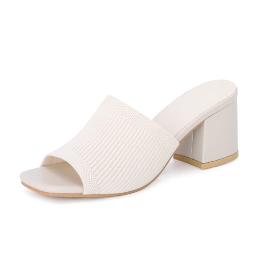 Fecialy Strick-Sandalen für Frauen Quadratisch Offene Zehe Absatz Klotzige Block Niedrige Ferse Maultiere Rutschen Auf Sandale von Fecialy