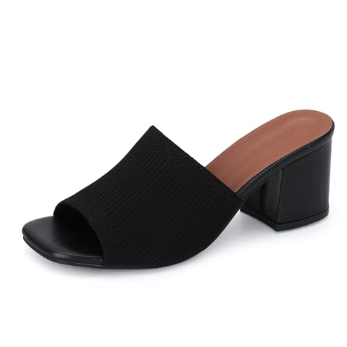 Fecialy Strick-Sandalen für Frauen Quadratisch Offene Zehe Absatz Klotzige Block Niedrige Ferse Maultiere Rutschen Auf Sandale von Fecialy