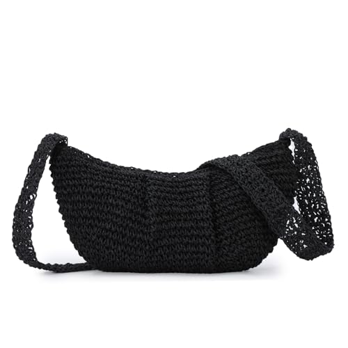 Fecialy Stroh Crossbody Tasche für Frauen plissiert Knödel Schulter Handtaschen geraffte handgemachte Sommer Strand Stroh Tasche von Fecialy