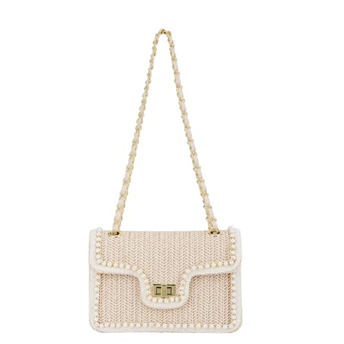 Fecialy Stroh Crossbody Taschen für Damen Sommer Stroh Strand mit Perlen Raffia Schulter Handtaschen von Fecialy