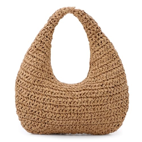 Fecialy Strohsack für Damen Halbmond Schulter Handtasche Stroh Sommer Strand Tote Handtasche Raffia gewebt Hobo Bag von Fecialy