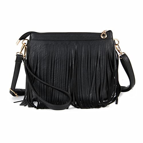 Fecialy Umhängetaschen aus Leder mit Fransen für Damen, Umhängetasche, Messenger-Taschen mit Handschlaufen,Schwarz von Fecialy