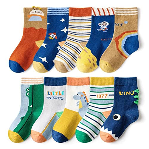 FedMois 10er Pack Kinder Socken Jungen Mädchen Strümpfe Baumwolle, Astronaut und Dinosaurier, Gr. 31-34 von FedMois