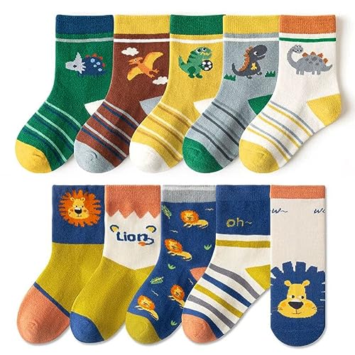 FedMois 10er Pack Kinder Socken Jungen Mädchen Strümpfe Baumwolle, Löwe und Dinosaurier, Gr. 19-22 von FedMois