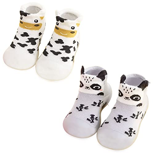 FedMois 2er Pack Baby Socken Hausschuhe Anti-Rutsch Krabbelschuhe Lauflernschuhe, Kuh und Panda, 6 Monate von FedMois