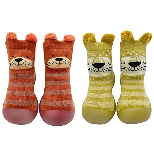 FedMois 2er Pack Baby Socken Hausschuhe Anti-Rutsch Krabbelschuhe Lauflernschuhe, Löwe und Hund, 12 Monate von FedMois