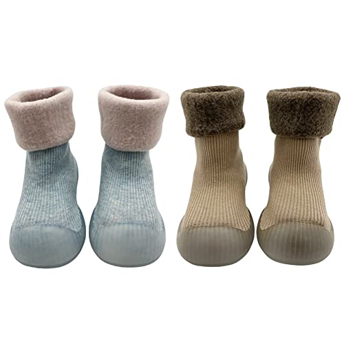 FedMois 2er Pack Baby Socken Hausschuhe Anti-Rutsch gefüttert Hüttenschuh Lauflernschuhe Winter, beige und Himmelblau, 12 Monate von FedMois