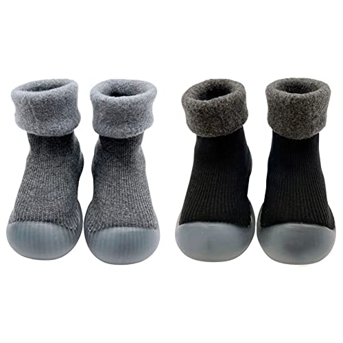 FedMois 2er Pack Baby Socken Hausschuhe Anti-Rutsch gefüttert Hüttenschuh Lauflernschuhe Winter, schwarz und grau, 12 Monate von FedMois