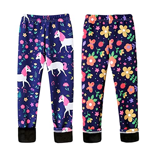 FedMois 2er Pack Mädchen Thermo Strumpfhose Leggings Gefüttert Winter Dick, Blumen und Einhorn, Gr. 104 (Herstellergröße 110) von FedMois