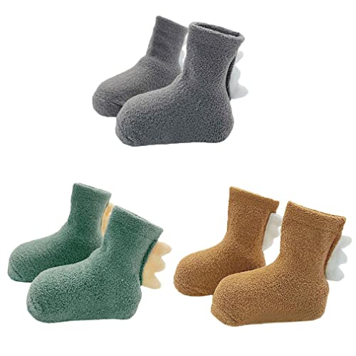 FedMois 3 Paar Baby Kleinkinder Wintersocken ​mit ABS Dinosaurier Jungen Mädchen dicke Thermosocken Stoppersocken, Braun, Grau und Grün, 0-1 Jahr von FedMois