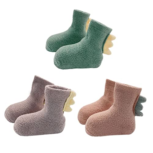 FedMois 3 Paar Baby Kleinkinder Wintersocken ​mit ABS Dinosaurier Jungen Mädchen dicke Thermosocken Stoppersocken, Rosa, Violett und Grün, 3-5 Jahre von FedMois