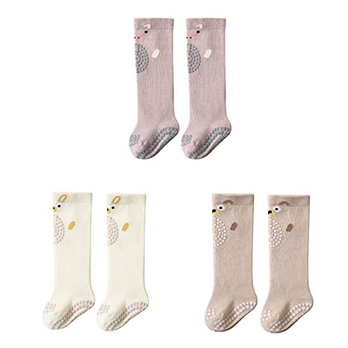 FedMois 3er Pack Baby ABS rutschfeste Socken Krabbelsocken Kniestrümpfe mit Krabbelhilfe Baumwolle, Gelb, Rosa und Beige, 1-3 Jahre von FedMois