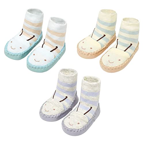 FedMois 3er Pack Baby Socken Hausschuhe Anti-Rutsch Krabbelschuhe Lauflernschuhe, Biene, 0-6 Monate von FedMois
