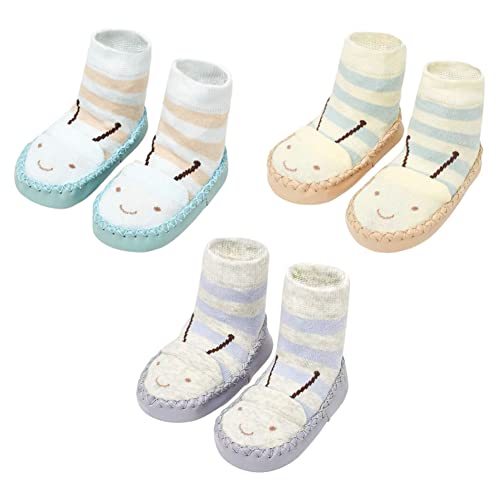 FedMois 3er Pack Baby Socken Hausschuhe Anti-Rutsch Krabbelschuhe Lauflernschuhe, Biene, 12-18 Monate von FedMois