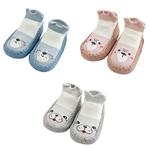 FedMois 3er Pack Baby Socken Hausschuhe Anti-Rutsch Krabbelschuhe Lauflernschuhe, Blau, Beige und Grau, 12-18 Monate von FedMois
