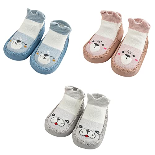 FedMois 3er Pack Baby Socken Hausschuhe Anti-Rutsch Krabbelschuhe Lauflernschuhe, Blau, Beige und Grau, 6-12 Monate von FedMois