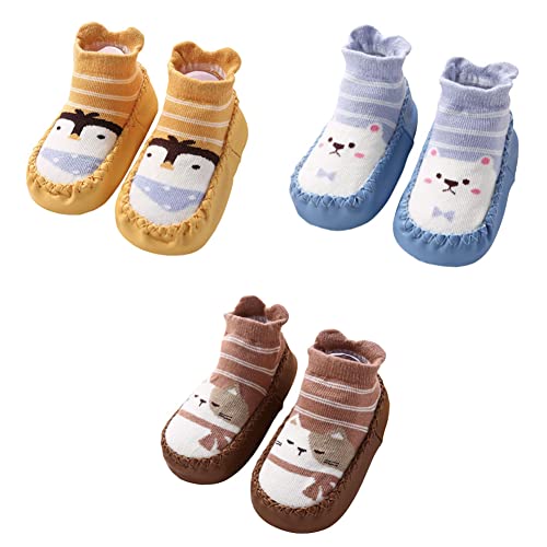 FedMois 3er Pack Baby Socken Hausschuhe Anti-Rutsch Krabbelschuhe Lauflernschuhe, Gelb, Blau und Braun, 18-24 Monate von FedMois