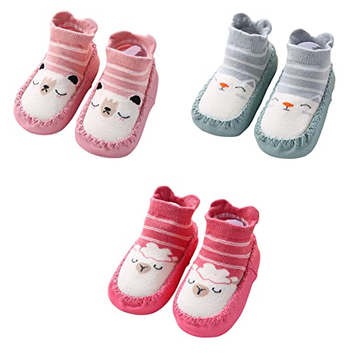 FedMois 3er Pack Baby Socken Hausschuhe Anti-Rutsch Krabbelschuhe Lauflernschuhe, Rosa, Rot und Grün, 6-12 Monate von FedMois
