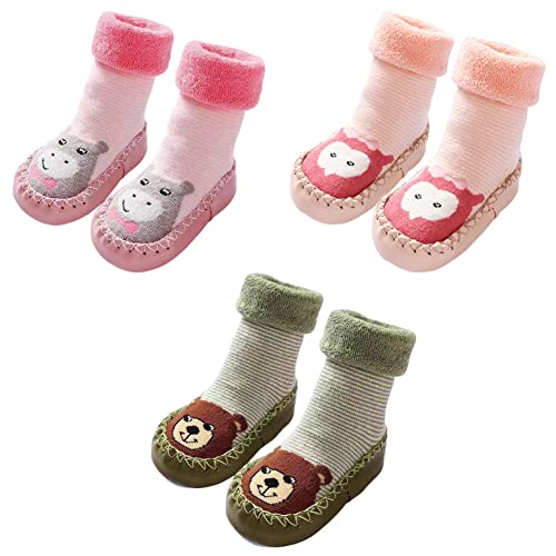 FedMois 3er Pack Baby Socken Hausschuhe Anti-Rutsch gefüttert Hüttenschuh Lauflernschuhe Winter, Bär, Eule und Nilpferd, Gr. 19/20 von FedMois