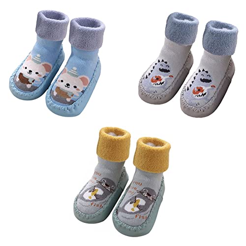 FedMois 3er Pack Baby Socken Hausschuhe Anti-Rutsch gefüttert Hüttenschuh Lauflernschuhe Winter, Maus, Dinosaurier und Vögel, Gr. 19/20 von FedMois