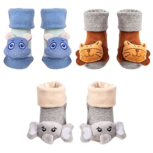 FedMois 3er Pack Rasselsocken rutschfestes Babysöckchen mit Rassel, Nilpferd, Löwe und Elefant, 6-12 Monate von FedMois