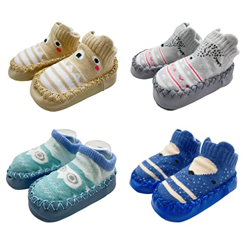 FedMois 4er Pack Baby Socken Hausschuhe Anti-Rutsch Krabbelschuhe Lauflernschuhe, Bär und Eule, 12-18 Monate von FedMois